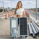 beautiful lady install the solar street light near construction site