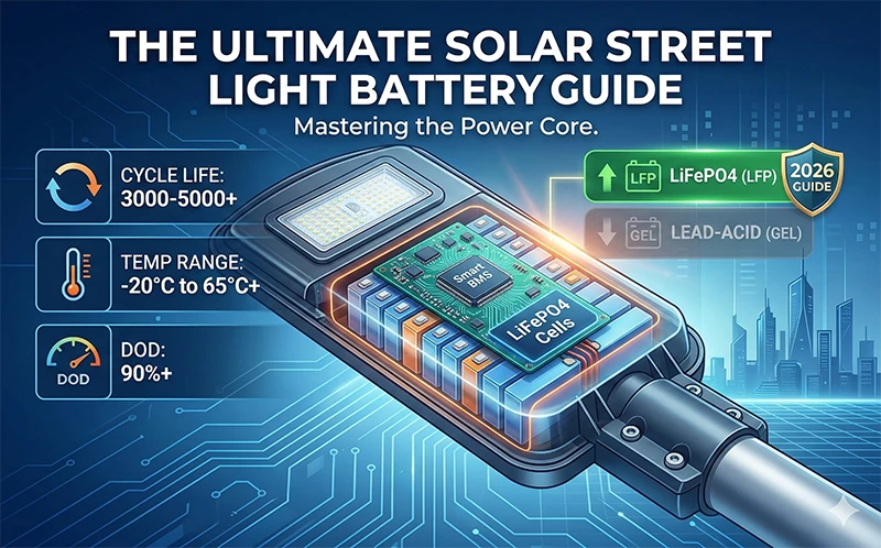 Exploded view diagram of a high-performance LiFePO4 solar street light battery pack, showing individual prismatic cells and the integrated smart BMS circuit board.