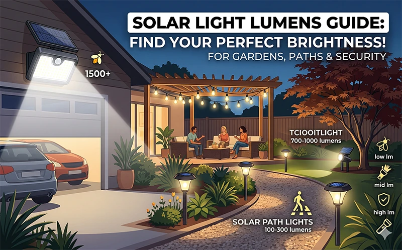 Solar light lumens guide illustration for gardens, paths, and security