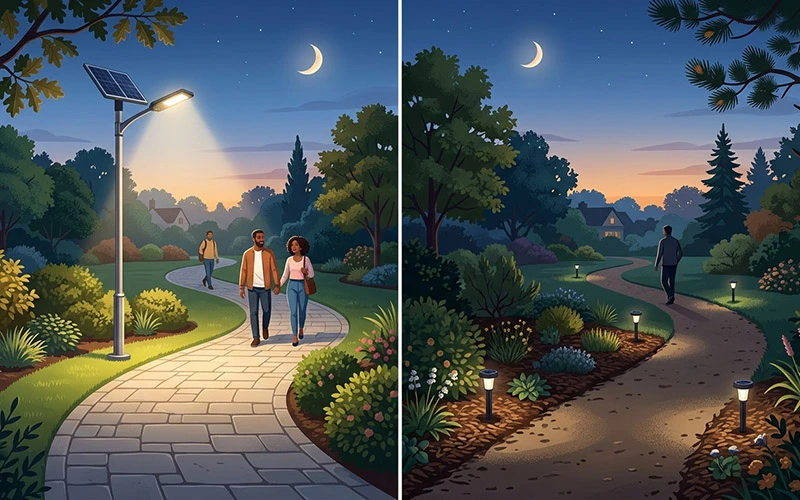 Solar pole light versus ground-level stake light