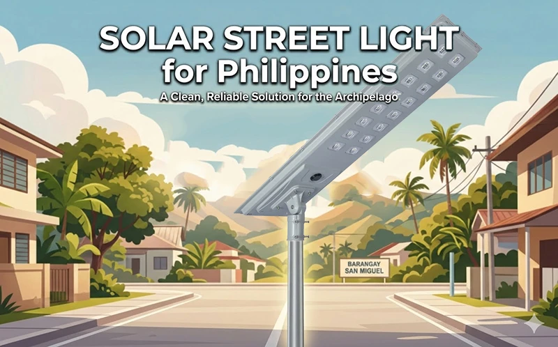 Modern integrated solar street light with LiFePO4 battery and MPPT controller installed on a residential street in a Philippine barangay, featuring a tropical landscape background.